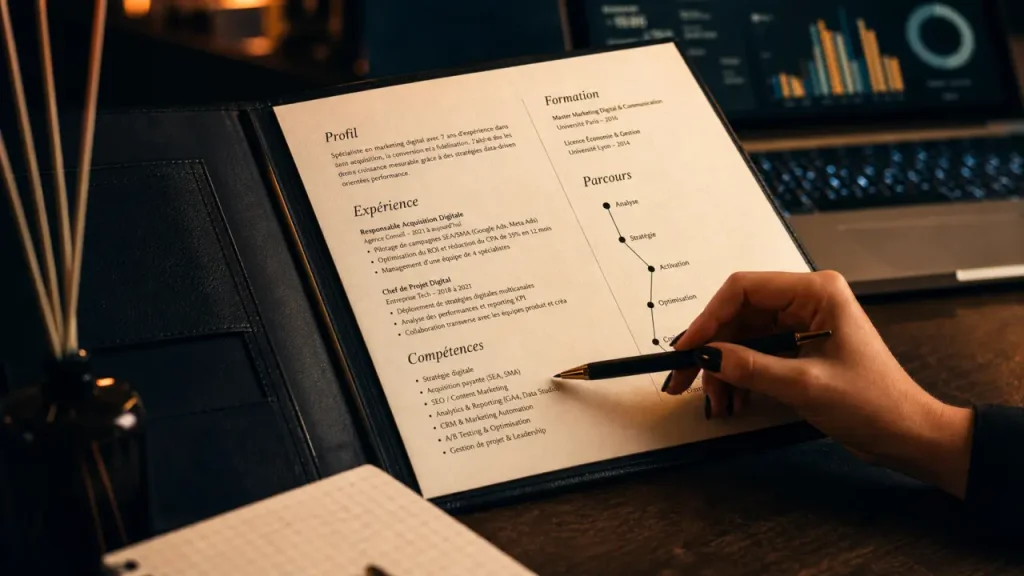 CV marketing digital : une page, des mots-clés ATS et des preuves chiffrées