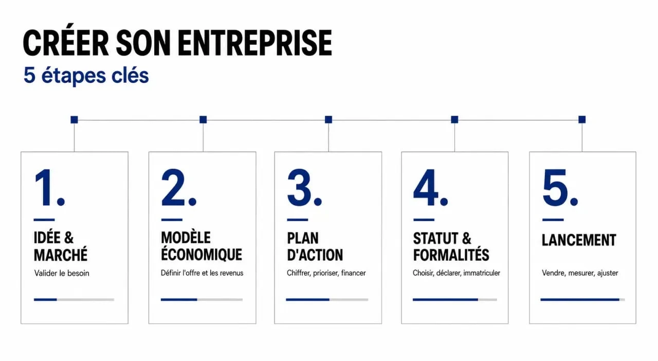 Infographie des 5 étapes de la création d'une entreprise pour réussir son projet entrepreneurial.