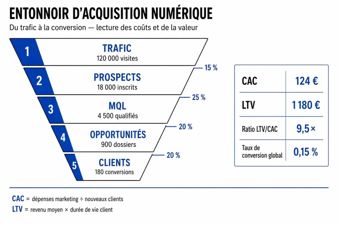 Infographie sur la stratégie d'acquisition digitale : tunnel de conversion et indicateurs clés de performance