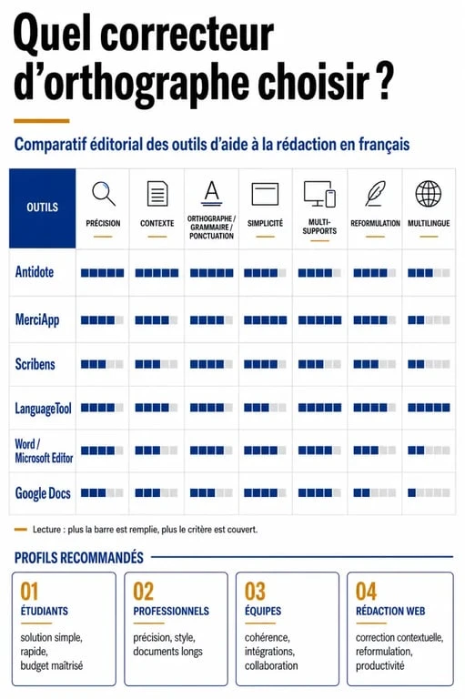 Infographie comparative sur le meilleur correcteur d orthographe avec critères de précision, contexte, simplicité et usages