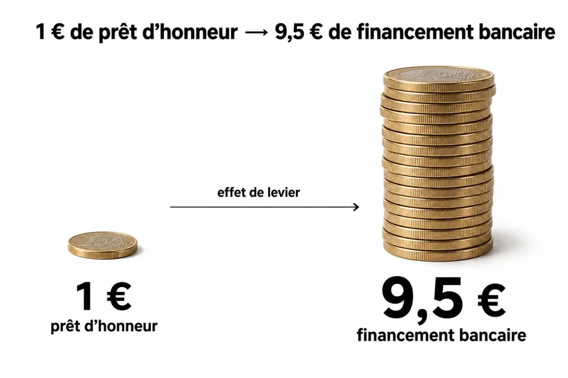 Infographie illustrant l'effet de levier du prêt d'honneur pour la création d'entreprise : 1 euro de prêt d'honneur permet d'obtenir 9,5 euros de financement bancaire.