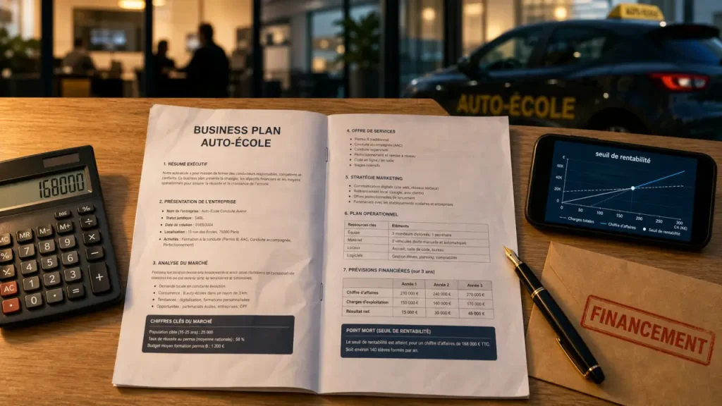 Business plan auto-école : 3 ans de prévisionnel et les coûts à ne pas sous-estimer