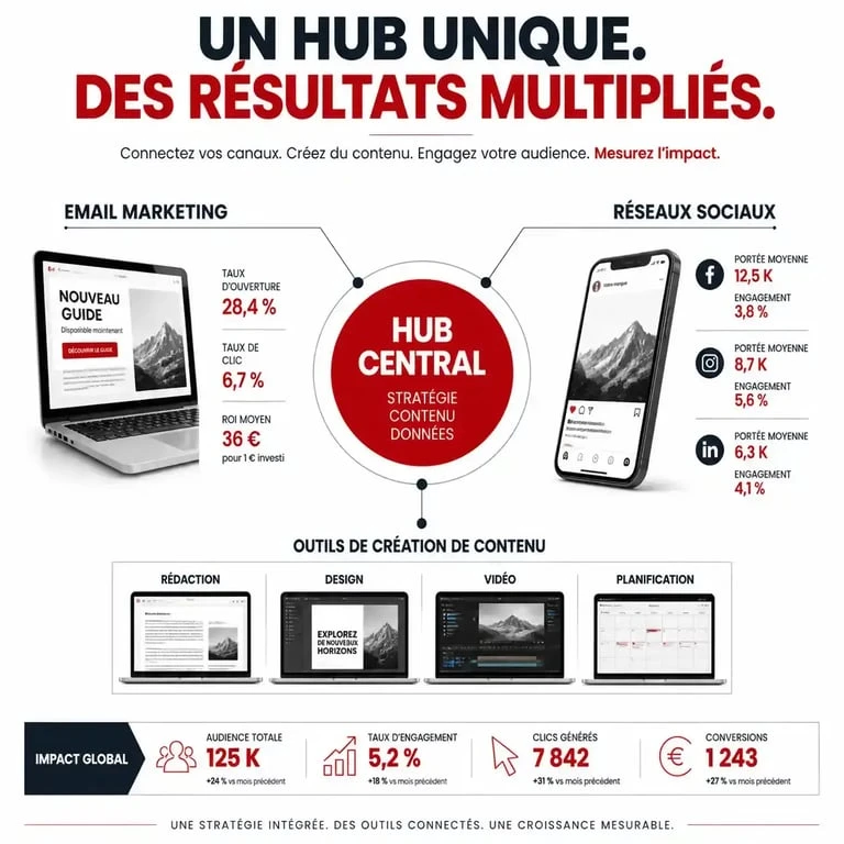Schéma illustrant une solution marketing tout-en-un pour email, réseaux sociaux et contenu