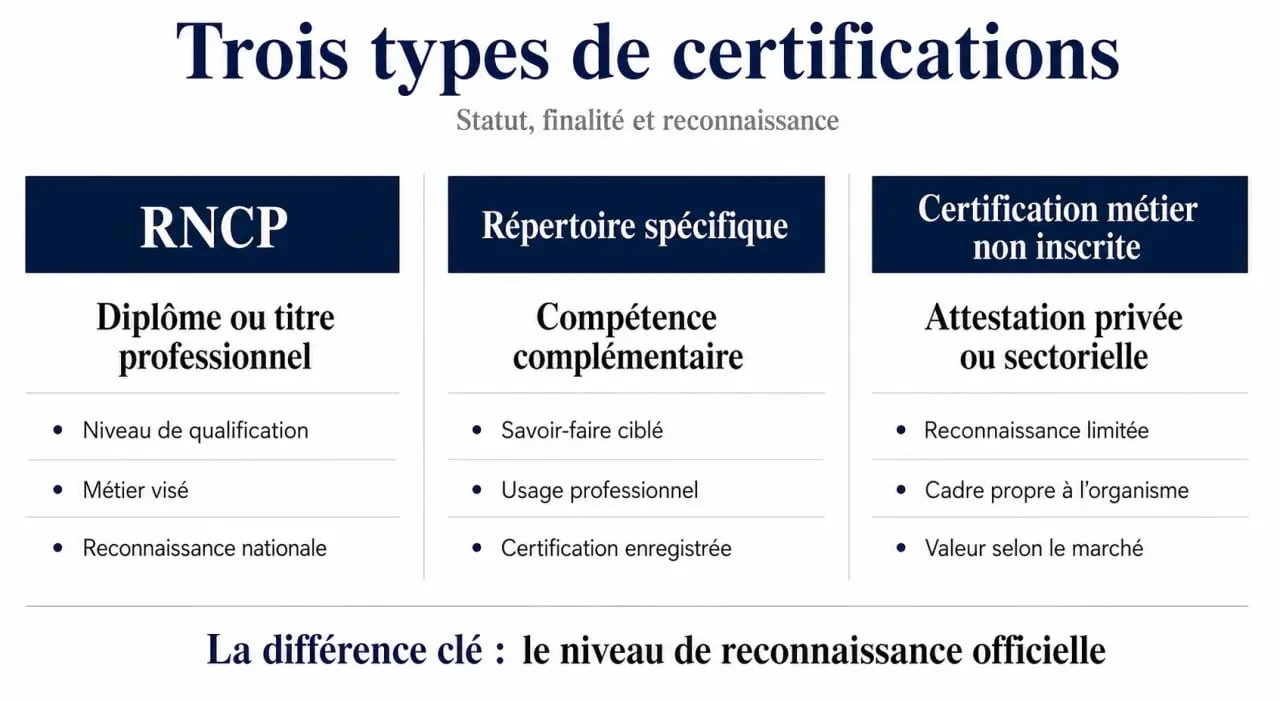 Formation en ligne Skilldemy certification valeur : comparatif visuel entre RNCP, Répertoire spécifique et certification métier