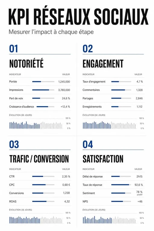 KPI réseaux sociaux classés par objectif dans un visuel éditorial sobre