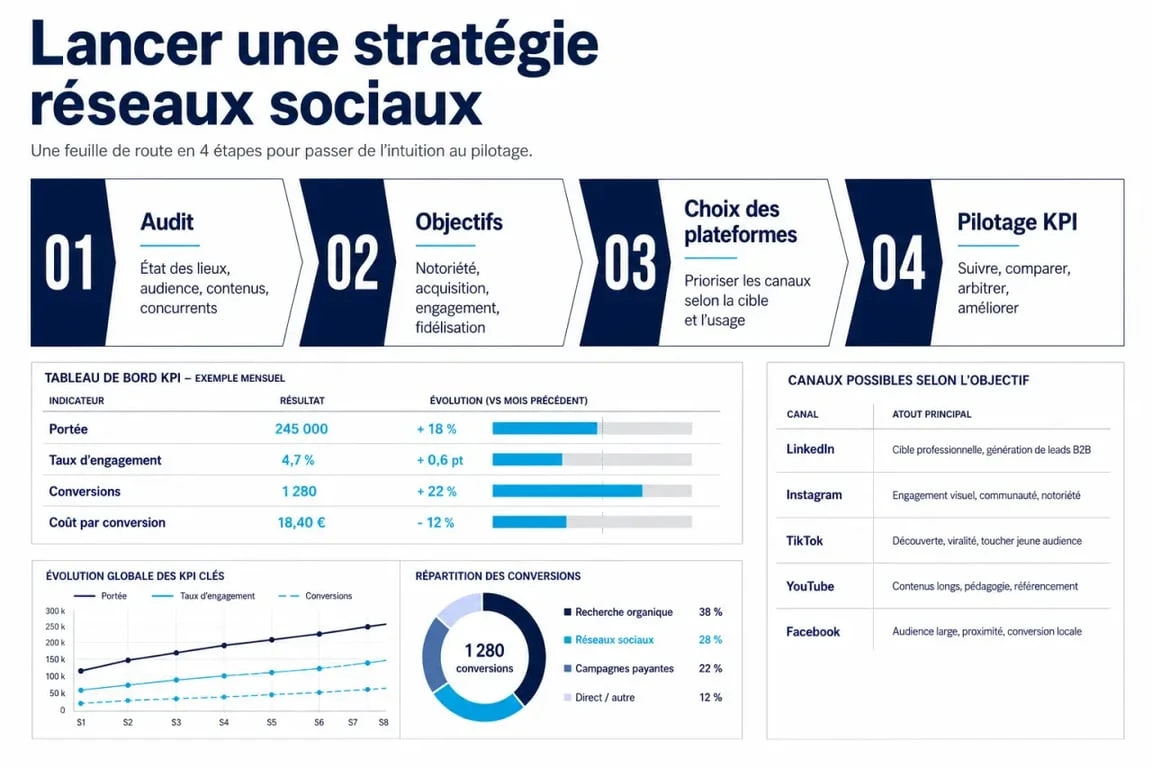 Réseaux sociaux stratégie de lancement : feuille de route visuelle avec étapes, plateformes et KPI