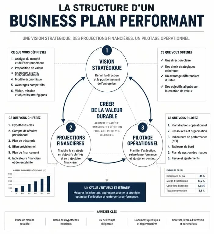 Schéma illustrant la structure d'un business plan pour la formation business plan frenchy-business-pro