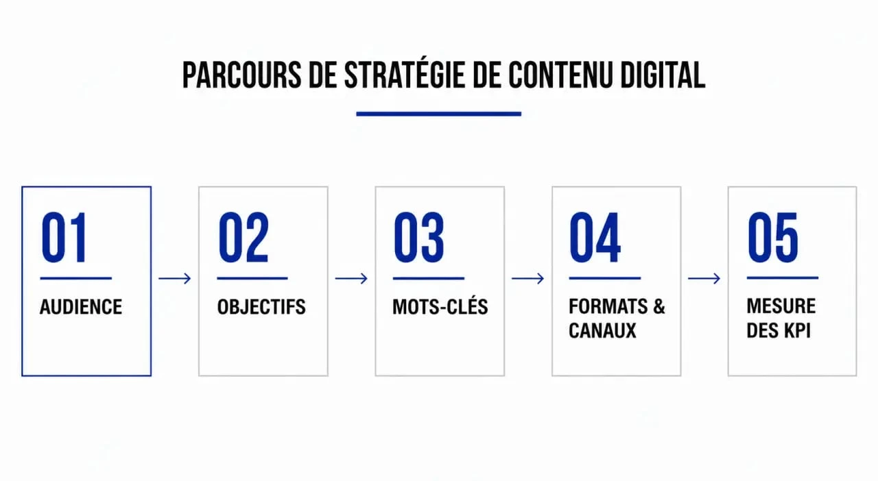 Stratégie de contenu digital illustrée par un parcours éditorial en cinq étapes, de l’audience aux KPI