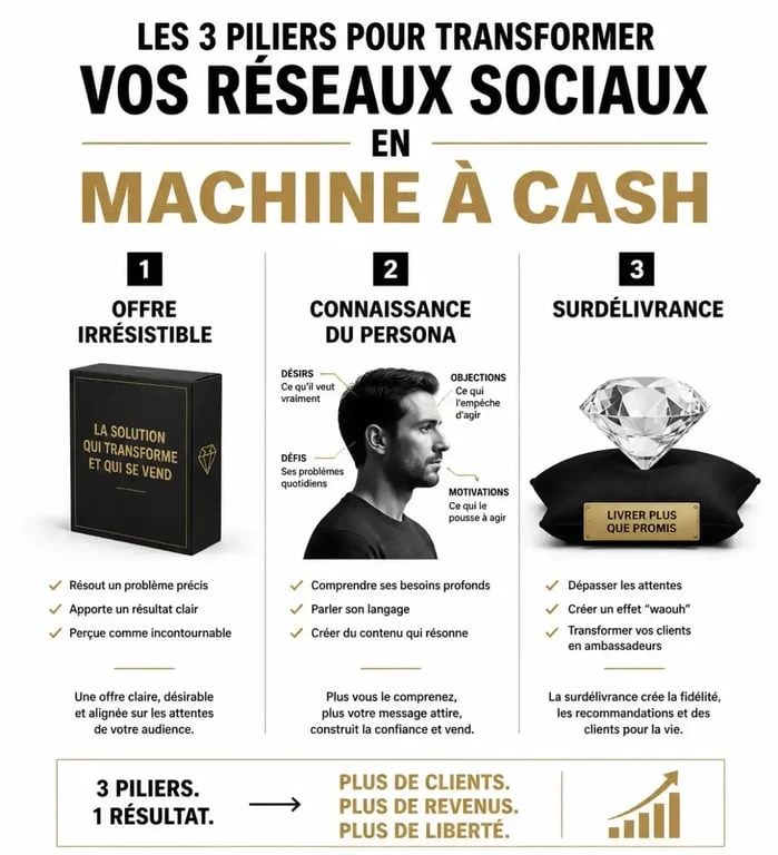 Infographie des trois piliers pour faire de vos réseaux sociaux une machine à cash