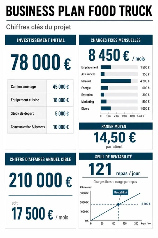 Infographie business plan food truck avec coûts de départ, charges et seuil de rentabilité