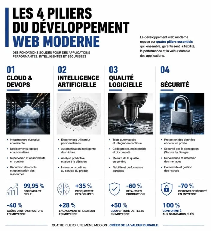 Infographie des compétences clés pour un master développement web : Cloud, IA, Qualité et Sécurité