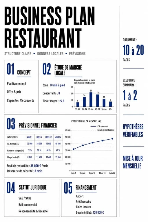 Business plan resto illustré avec étapes clés et chiffres financiers