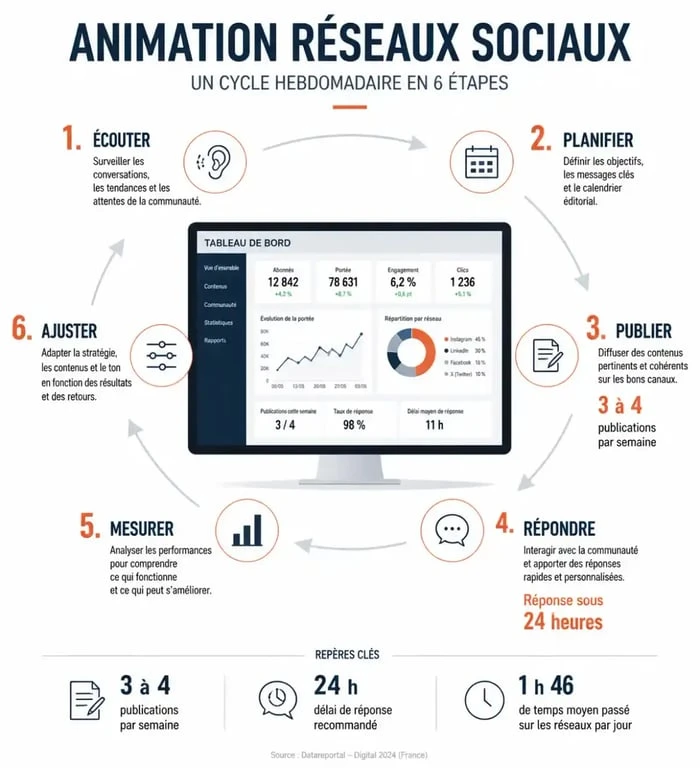 Animation réseaux sociaux : cycle hebdomadaire de publication, réponse et mesure avec chiffres clés