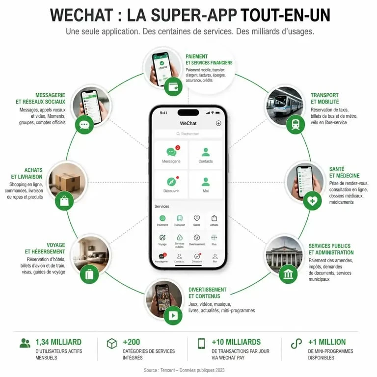 Schéma conceptuel de la super-app WeChat et ses services intégrés