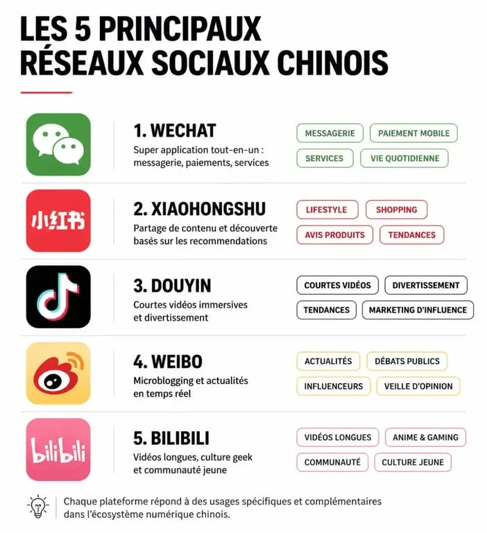 Infographie des réseaux sociaux chinois et leurs usages principaux