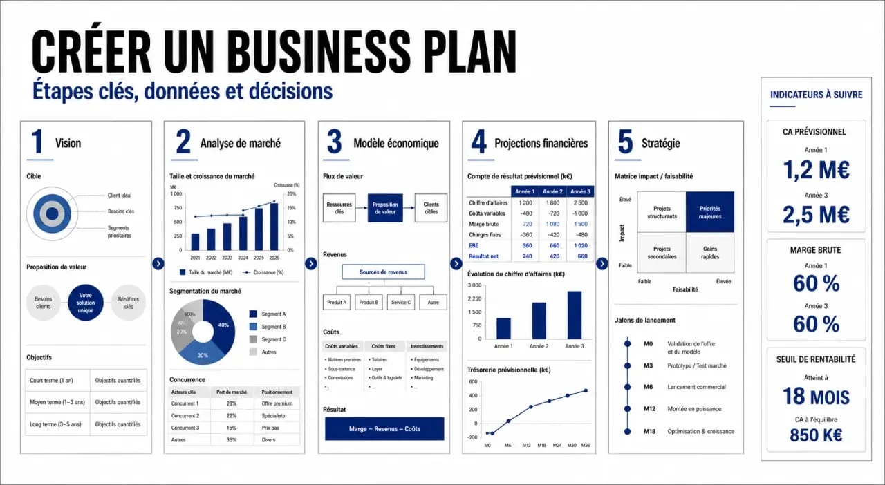 Schéma des étapes clés pour structurer un business plan IA efficace