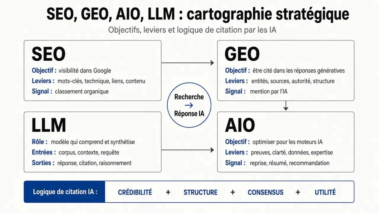 Infographie sur le référencement AIO comparant SEO, GEO, AIO et LLM