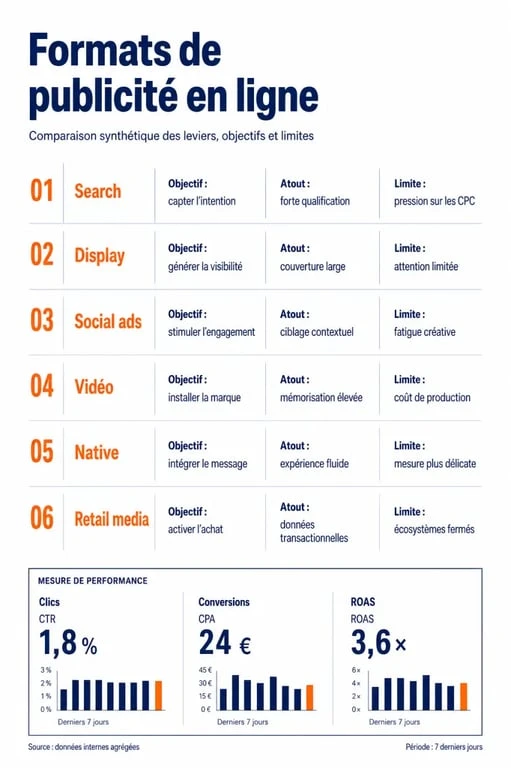 Infographie sur la publicité en ligne comparant search, display, social ads, vidéo, native et retail media