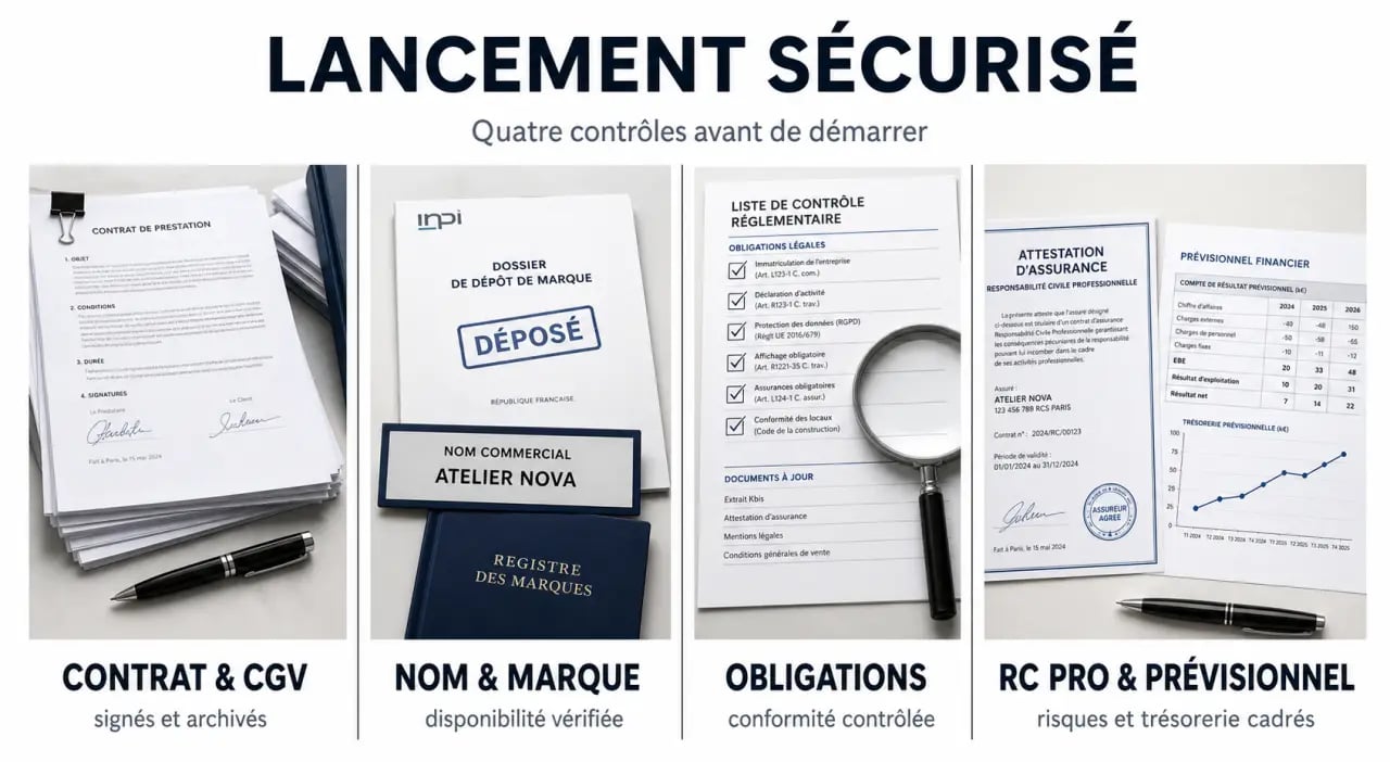 Créer son entreprise : les indispensables à prévoir pour sécuriser son activité, illustré par un parcours visuel en quatre étapes