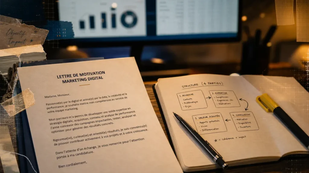 Lettre de motivation marketing digital : la structure en 4 parties et les preuves qui font la différence