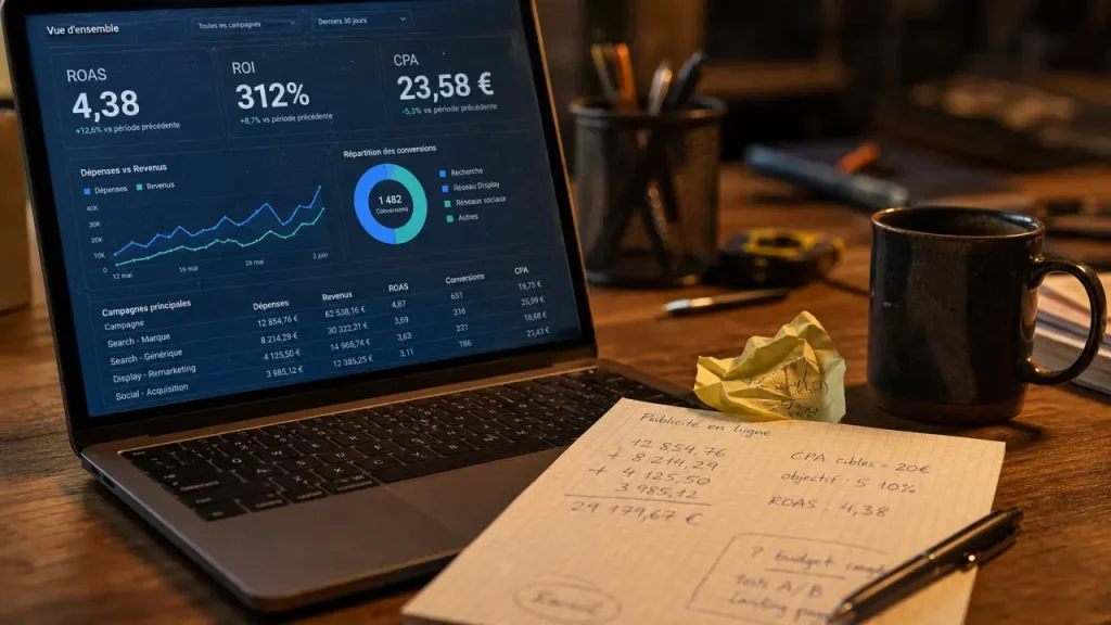 Publicité en ligne : dashboard ROAS sur ordinateur au bureau