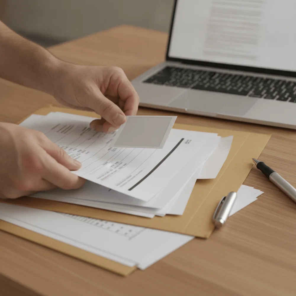 Mains classant des documents justificatifs papier pour corriger une fiche Google Business Profile suspendue