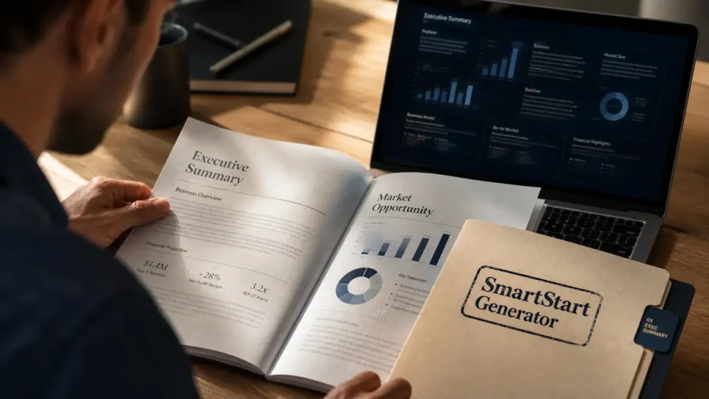 Business plan template SmartStart Generator : un avis nuancé sur un gain de temps utile