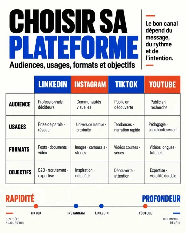 Infographie des plateformes pour une agence de communication réseaux sociaux selon les publics, formats et objectifs