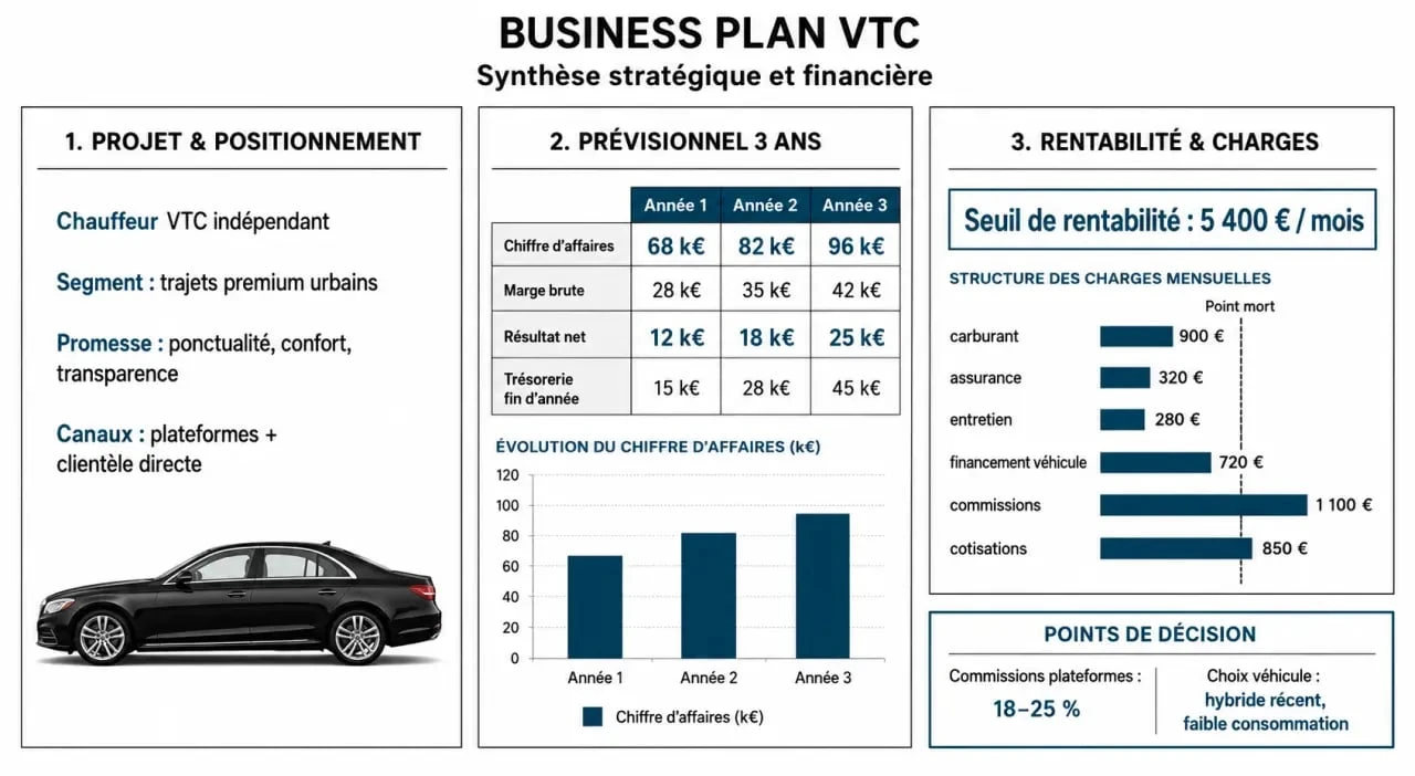 Business plan VTC illustré avec prévisionnel financier et seuil de rentabilité