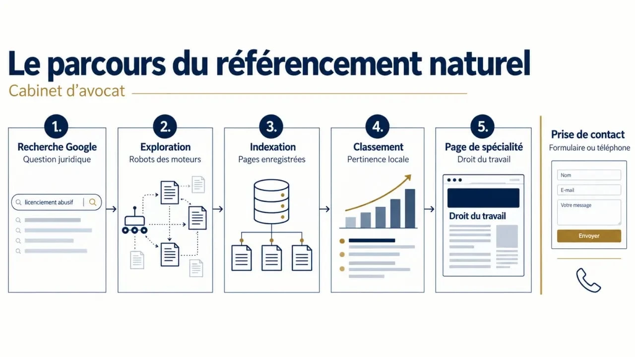 Schéma du référencement naturel d’un cabinet avocat, du crawling à la prise de rendez-vous