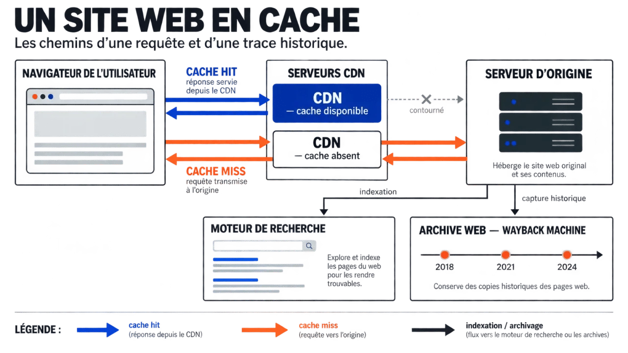 Schéma des différents niveaux d’un site web en cache entre navigateur, CDN, serveur d’origine et archive web