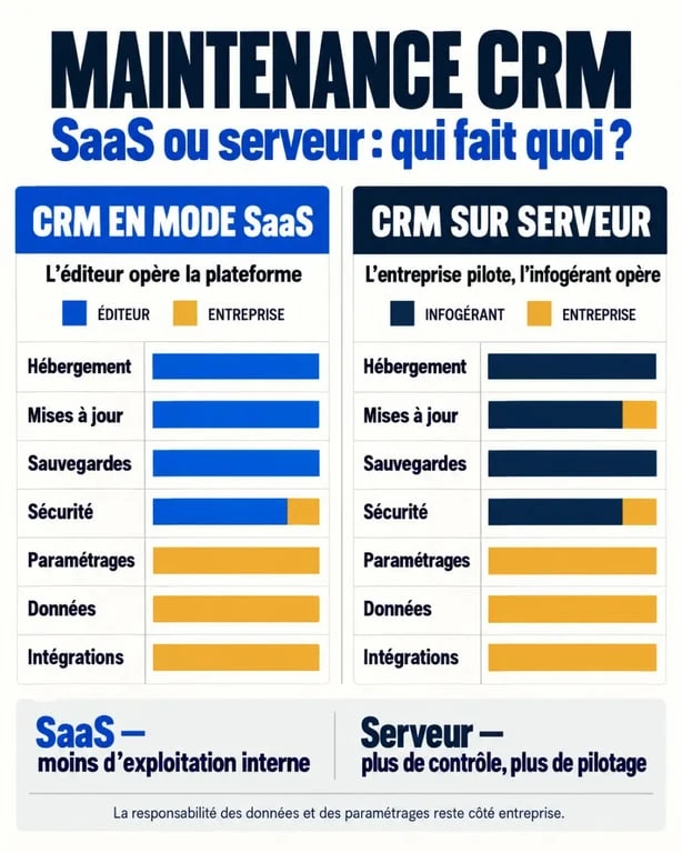 Infographie sur la maintenance CRM SaaS et serveur et la répartition des responsabilités