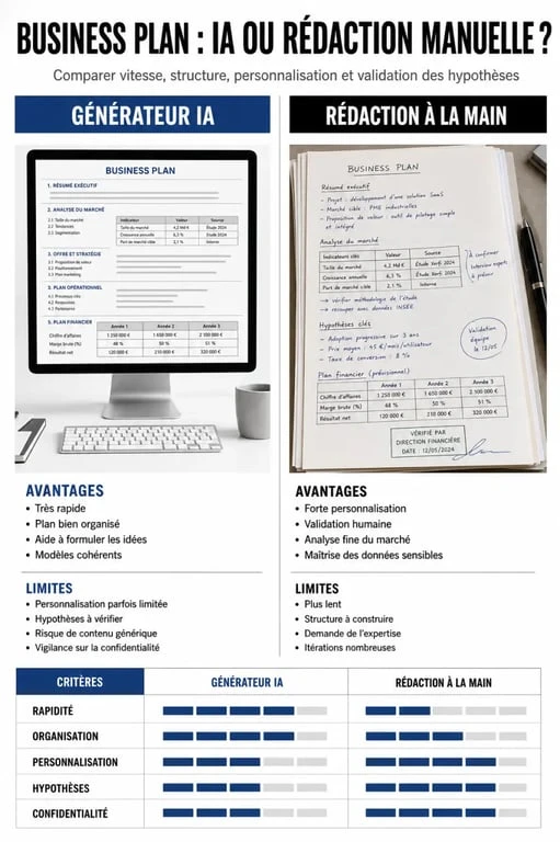 Business plan template smartstart generator avis : comparaison visuelle entre génération IA et business plan fait main
