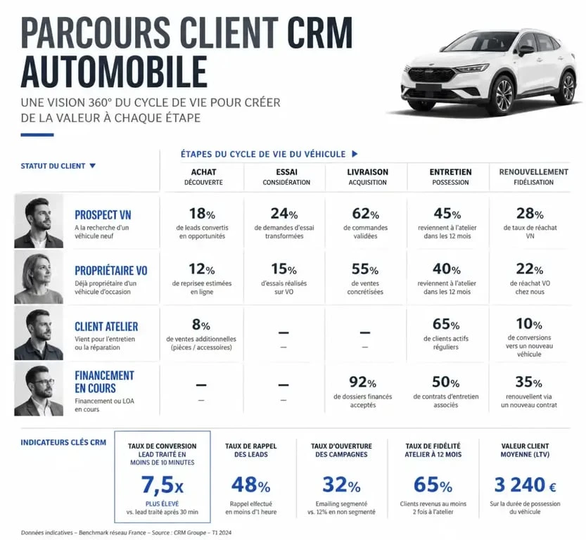 Matrice de pilotage CRM agence CRM marketing auto croisant statut client et cycle de vie du véhicule