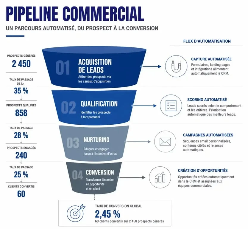 Schéma illustrant les étapes d'un pipeline CRM et l'automatisation de la gestion des leads