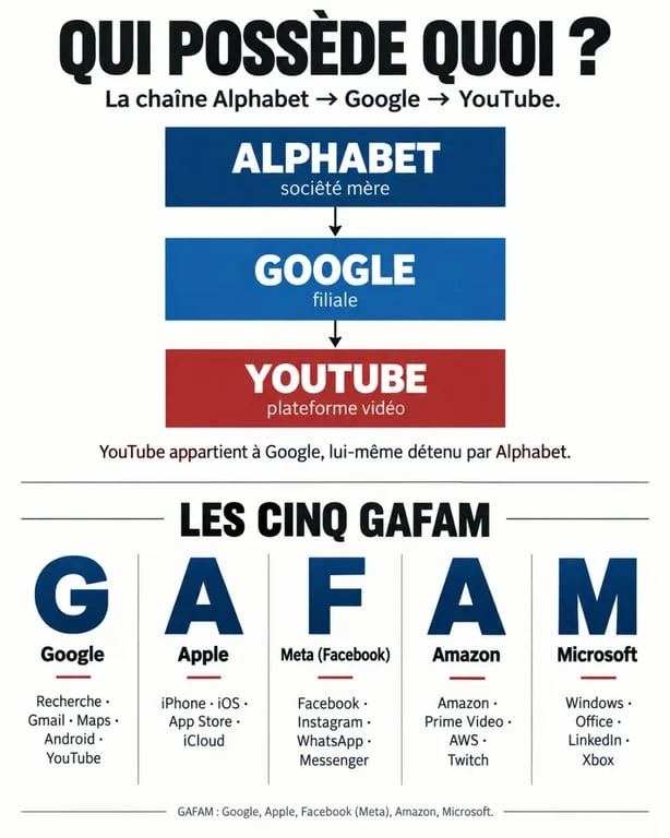 Infographie sur la propriété de YouTube par Google dans les GAFAM