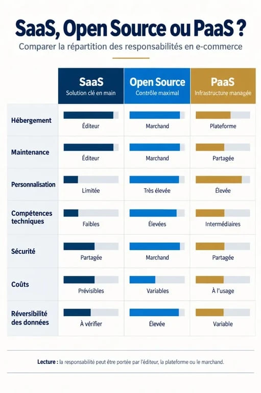 Infographie comparative des modèles SaaS e-commerce, Open Source et PaaS
