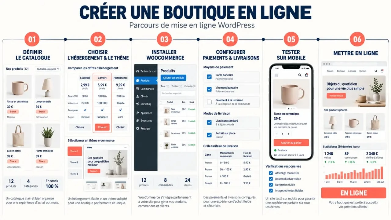 Processus de création d’un site ecommerce WordPress, de l’installation de WooCommerce à la mise en ligne