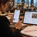 CRM force de vente : commerciale utilise un smartphone en showroom