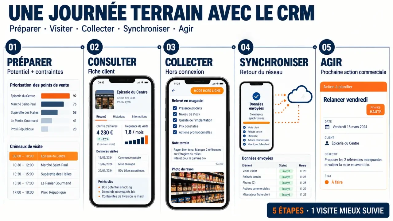 Infographie du parcours quotidien avec un CRM force de vente, de la préparation des visites à la synchronisation des données