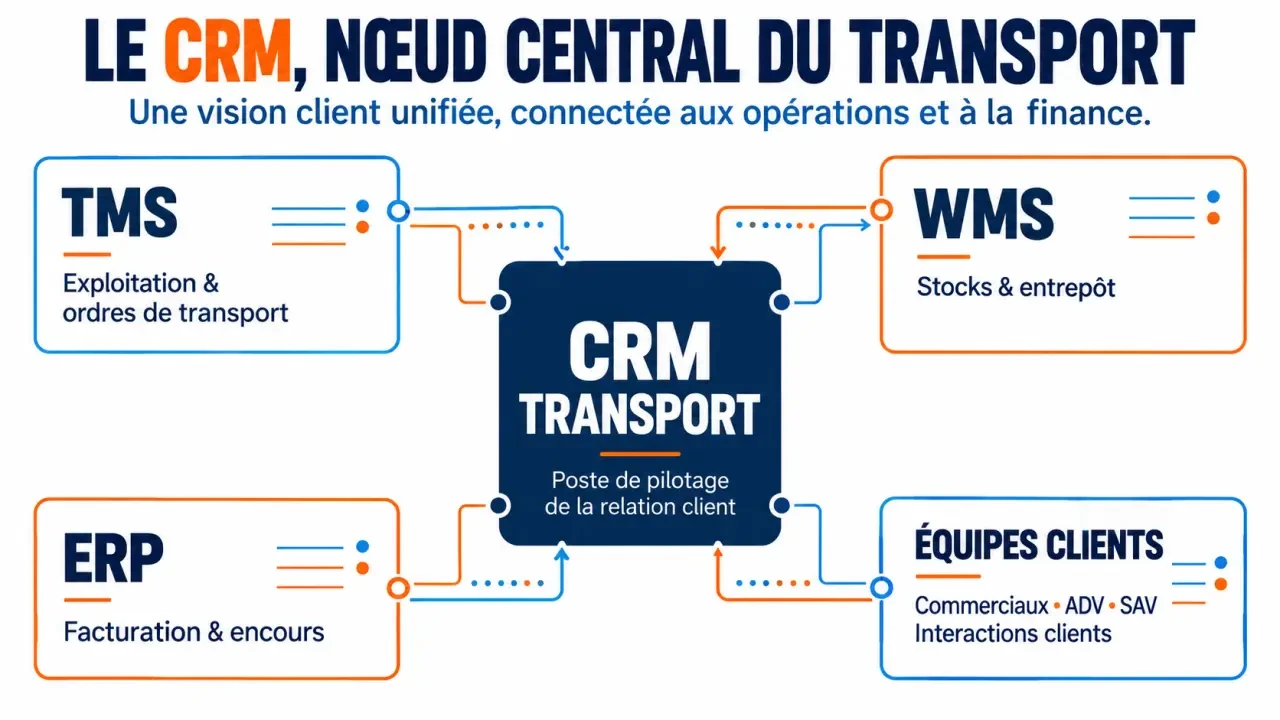 Schéma d’un CRM transport connecté au TMS, au WMS et à l’ERP