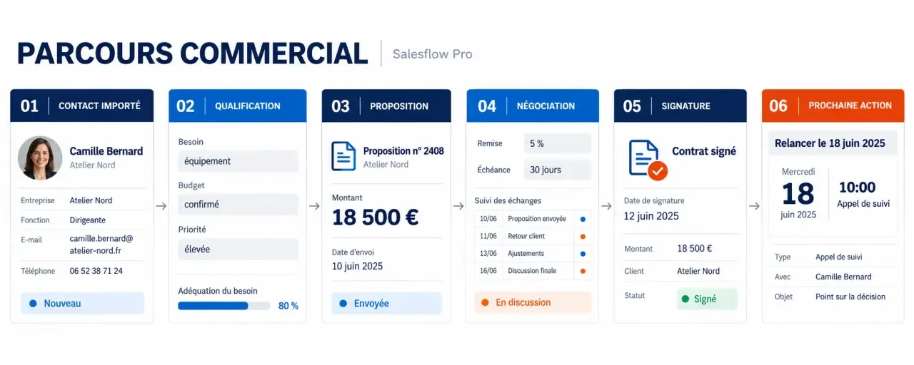 Comment utiliser logiciel CRM Salesflow Pro : parcours d’un contact dans le pipeline commercial