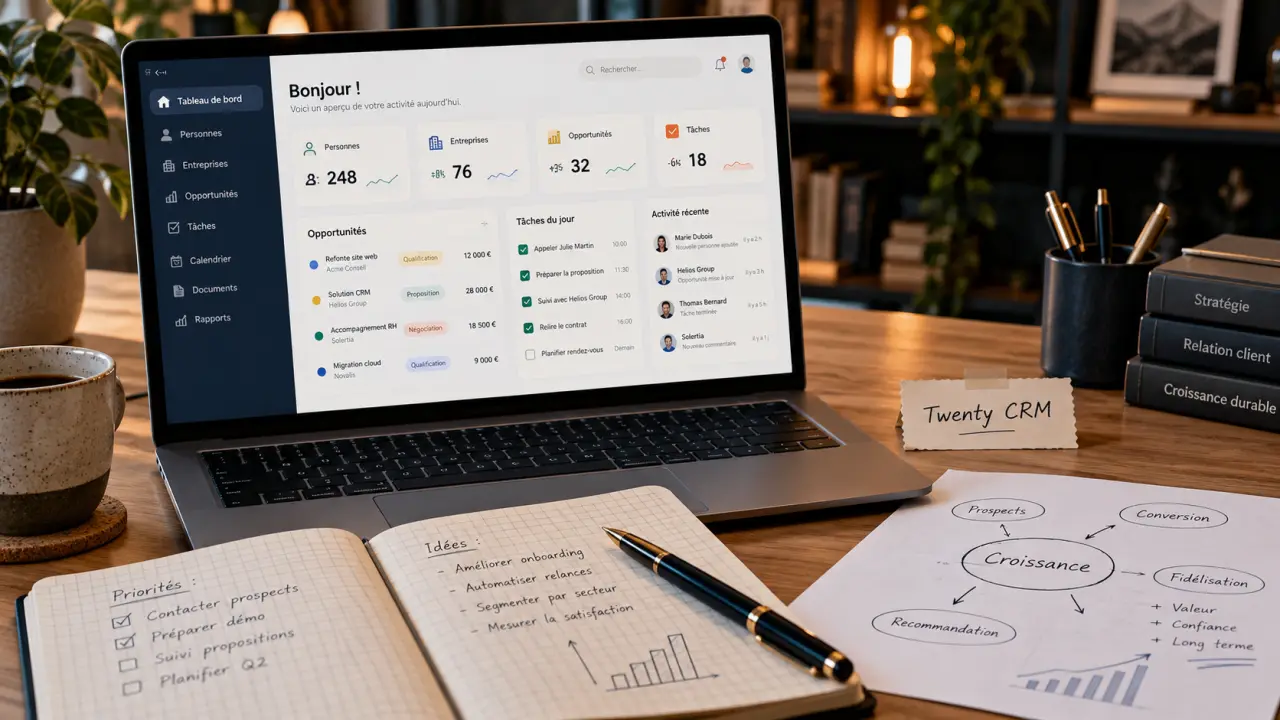 Twenty CRM open source : ordinateur avec CRM et vue opportunités